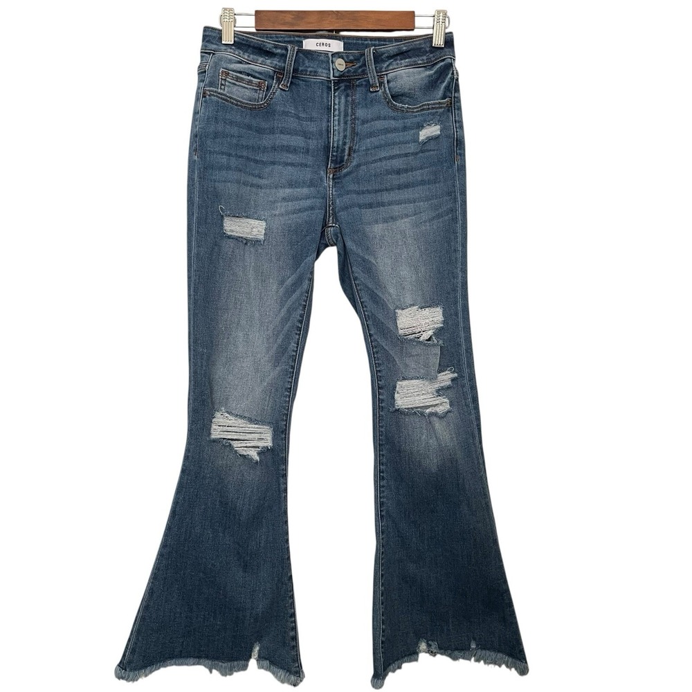 Ceros Flare Jeans Women 28 Blue Distressed Frayed Hem Boho Bell Bottom Y2K Retro